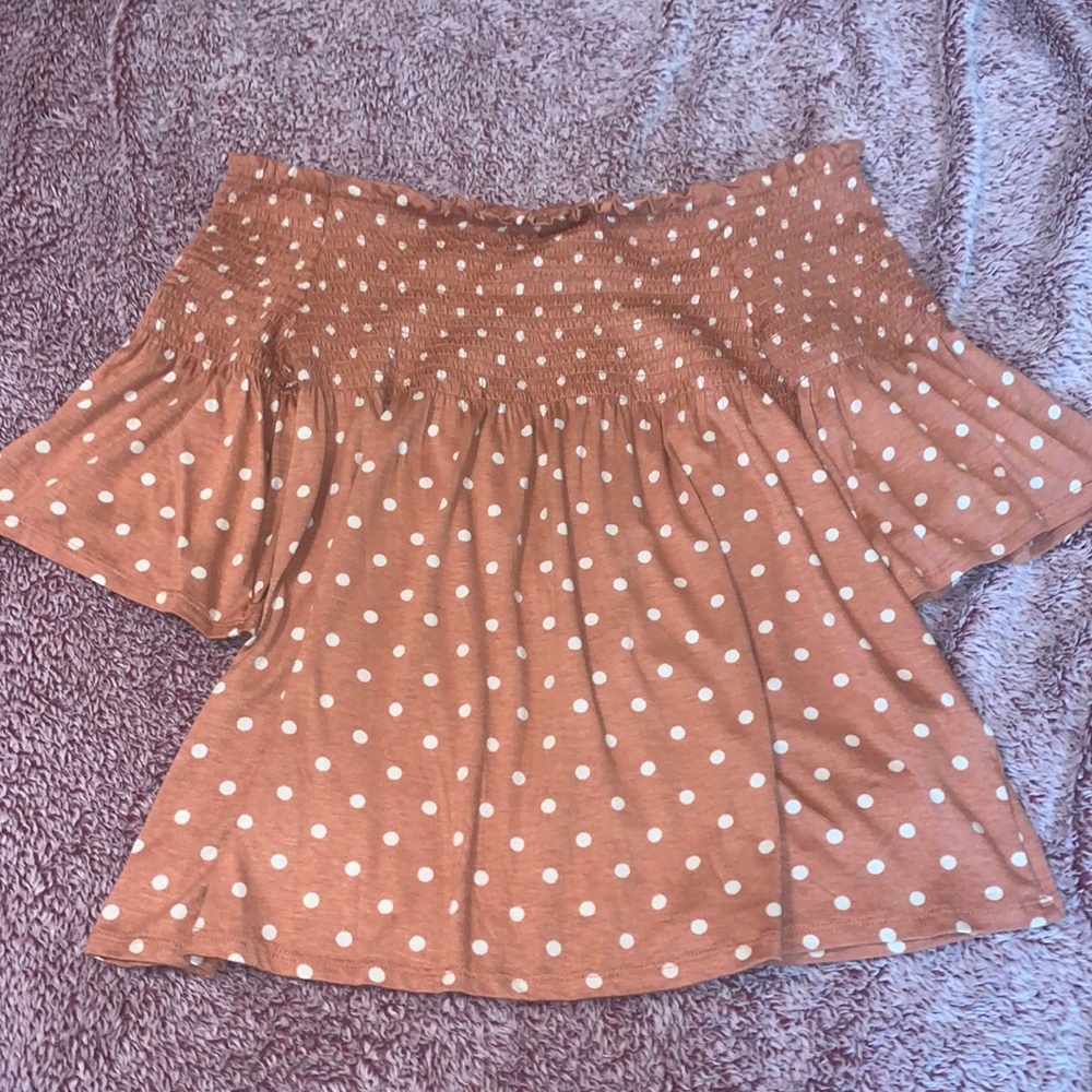 Burnt orange polka dot off the shoulder top
